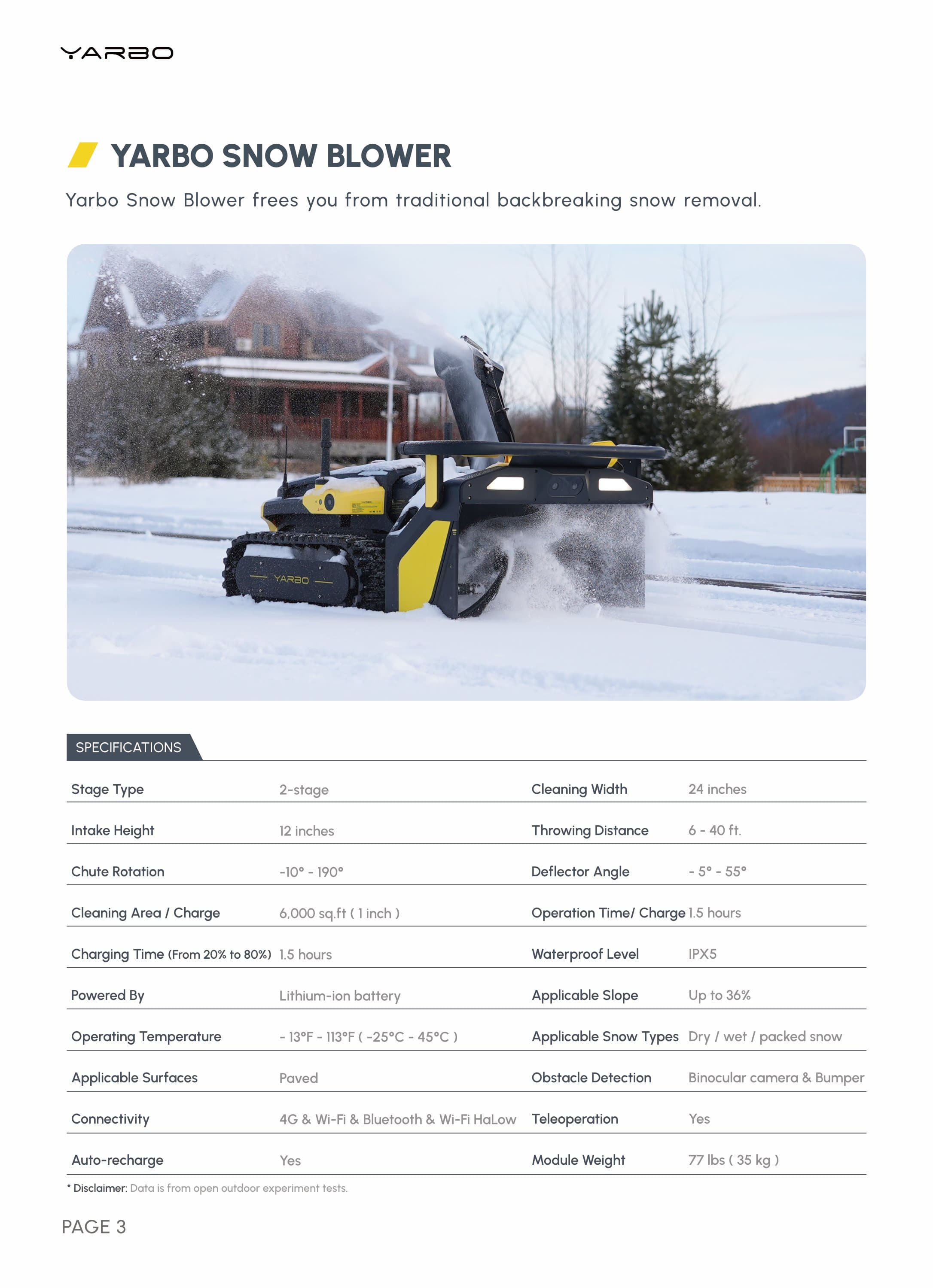 Yarbo Robotic snowblower specification