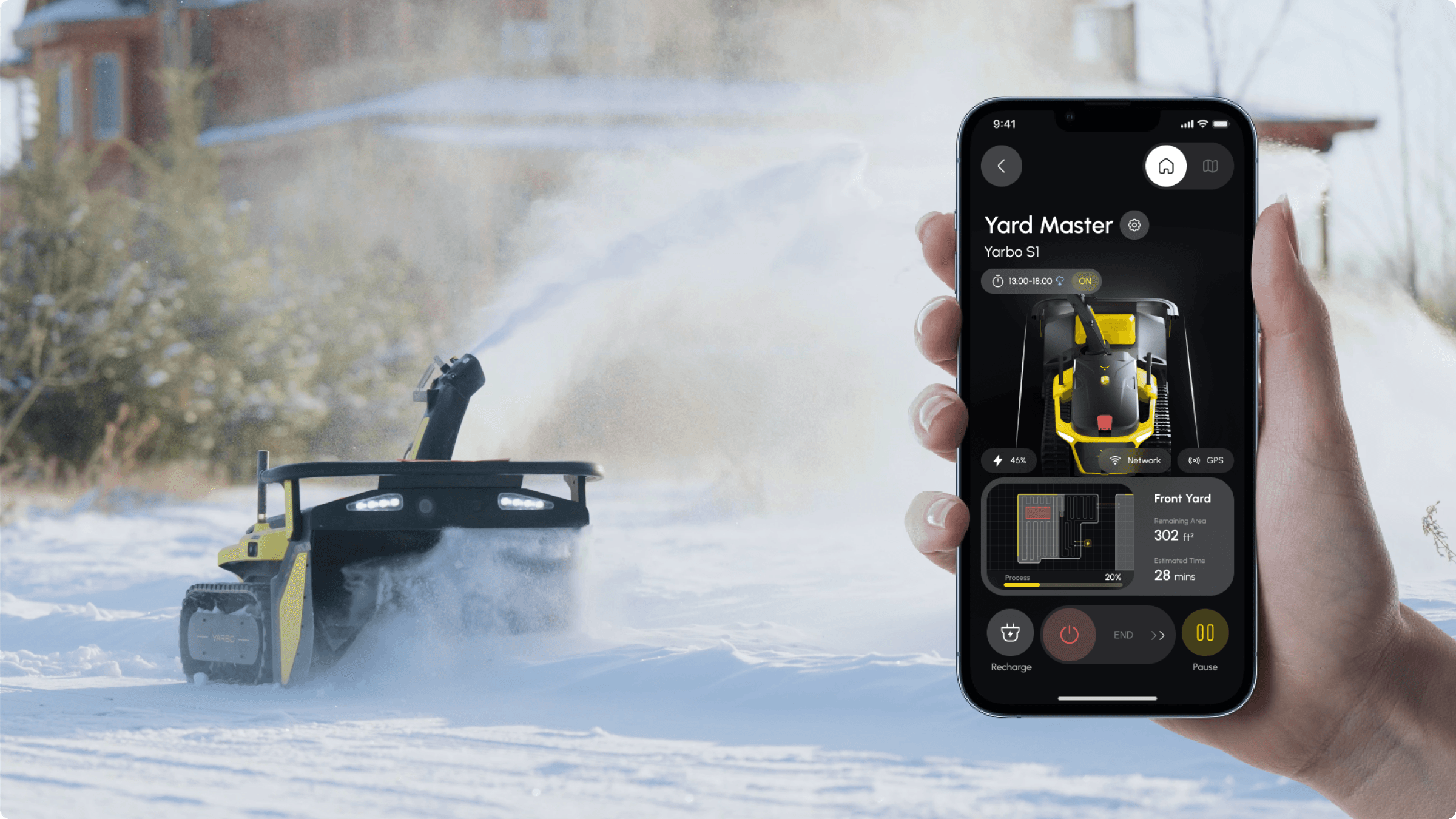 Snow blower of yarbo blowing snow and a mobile in hand with app interface