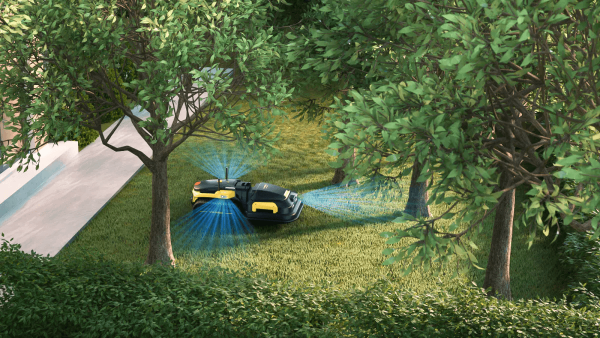 Yarbo autonomous lawn mower working under trees